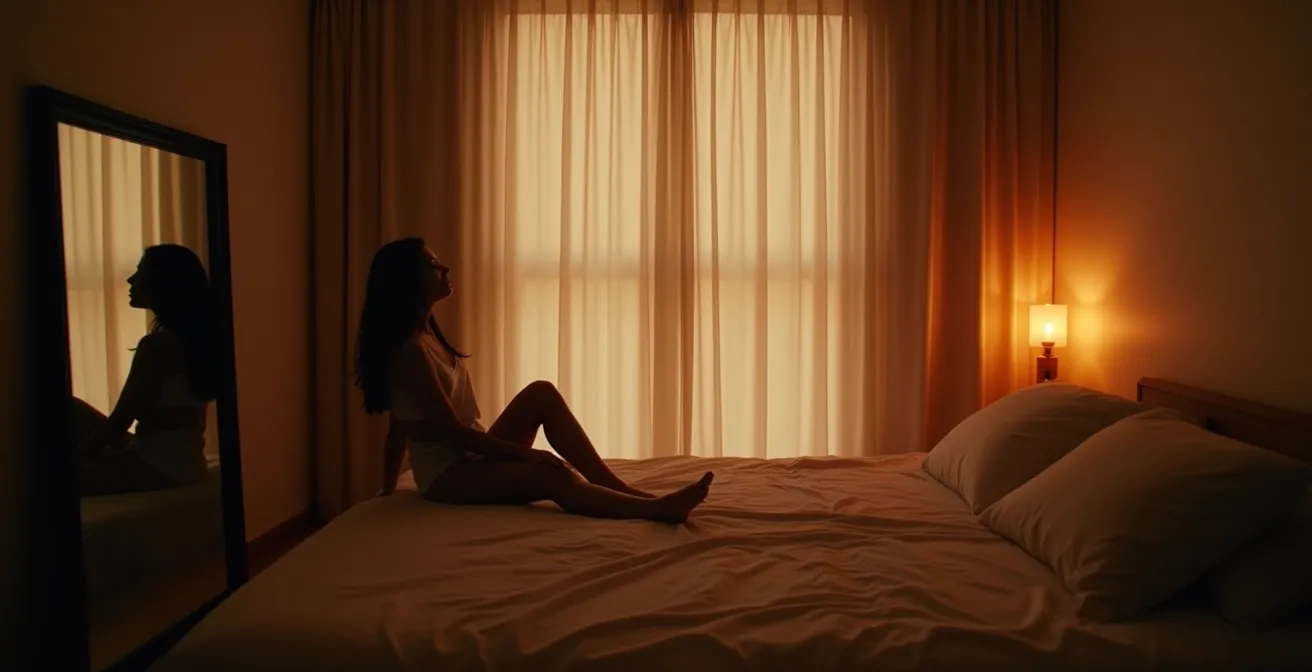 Silhouette floue dans un environnement tamisé avec jeu de lumière douce créant une ambiance contemplative