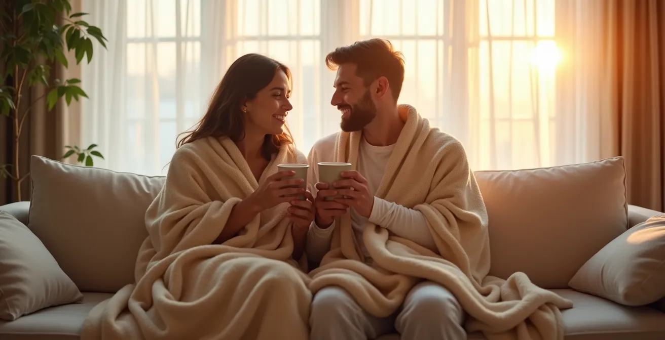 Moment intime de réconfort après une session, deux personnes enveloppées dans une couverture douce, atmosphère apaisante