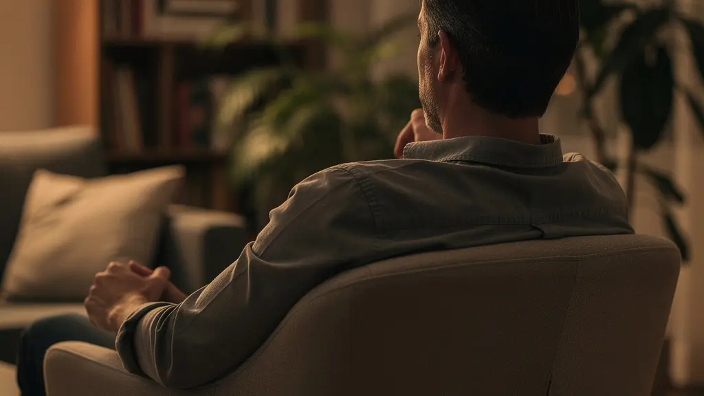 Personne détendue dans un fauteuil confortable avec lumière tamisée évoquant un moment de détente intime