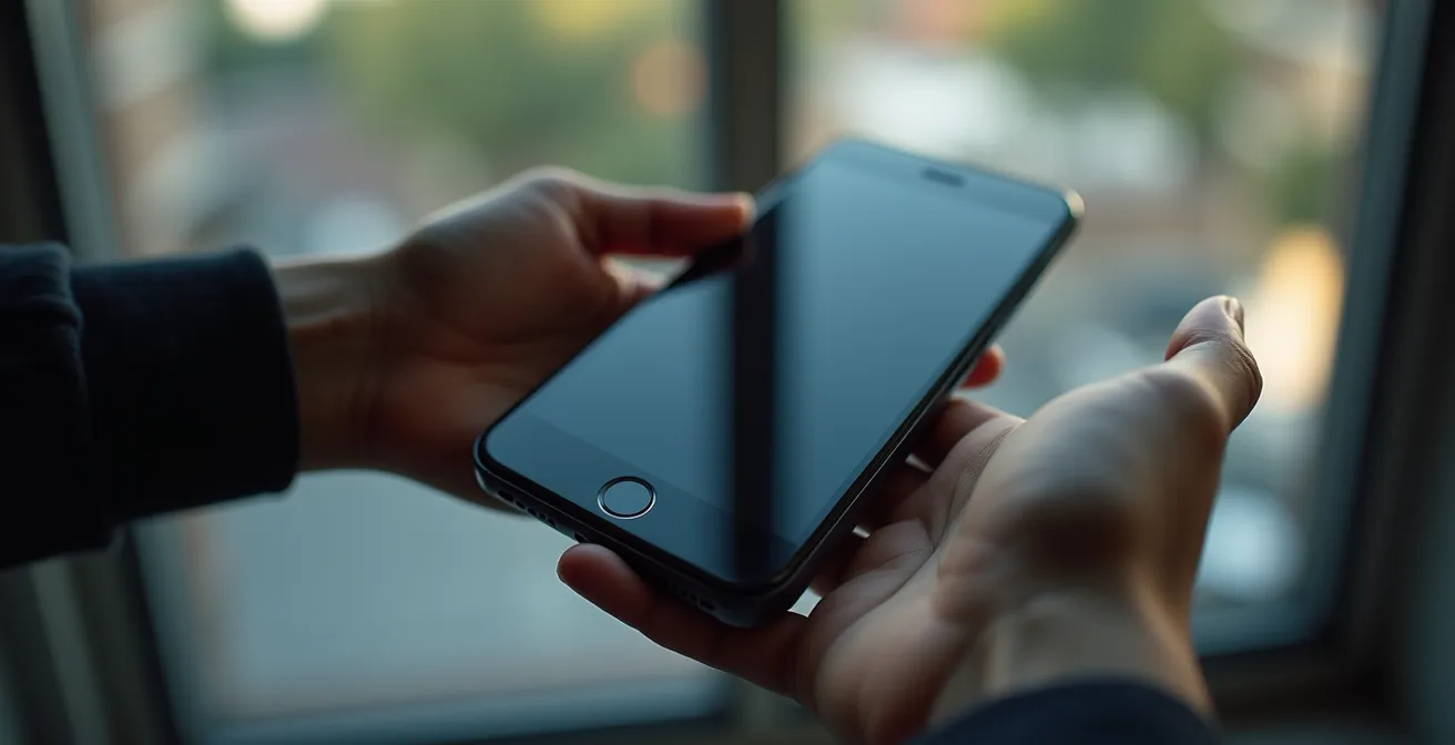 Personne tenant un smartphone éteint devant une fenêtre, reflets de lumière sur l'écran noir