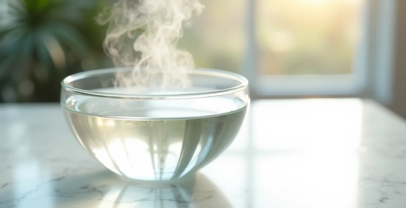 Bol en verre transparent contenant de l'eau tiède avec vapeur légère visible