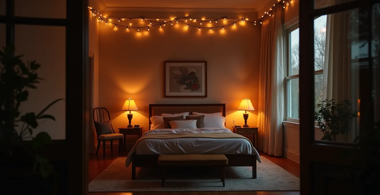 Chambre avec trois sources d'éclairage créant une ambiance sensuelle