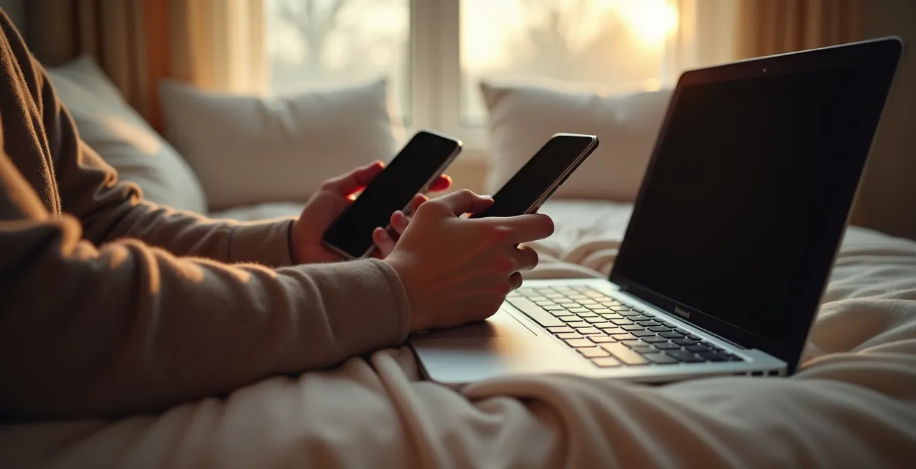 Configuration technique avec un ordinateur portable et un smartphone posés sur un bureau minimaliste, symbolisant la connexion à distance.