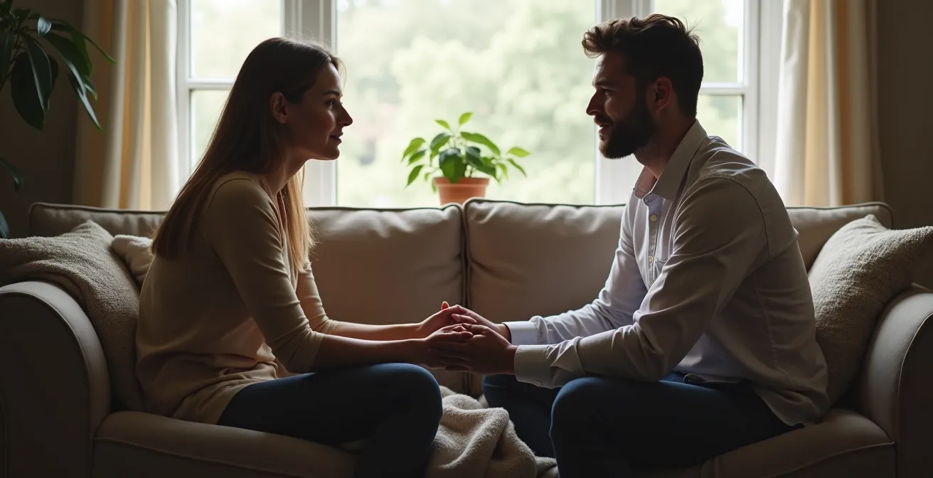 Couple assis face à face sur un canapé, se tenant les mains avec des expressions bienveillantes