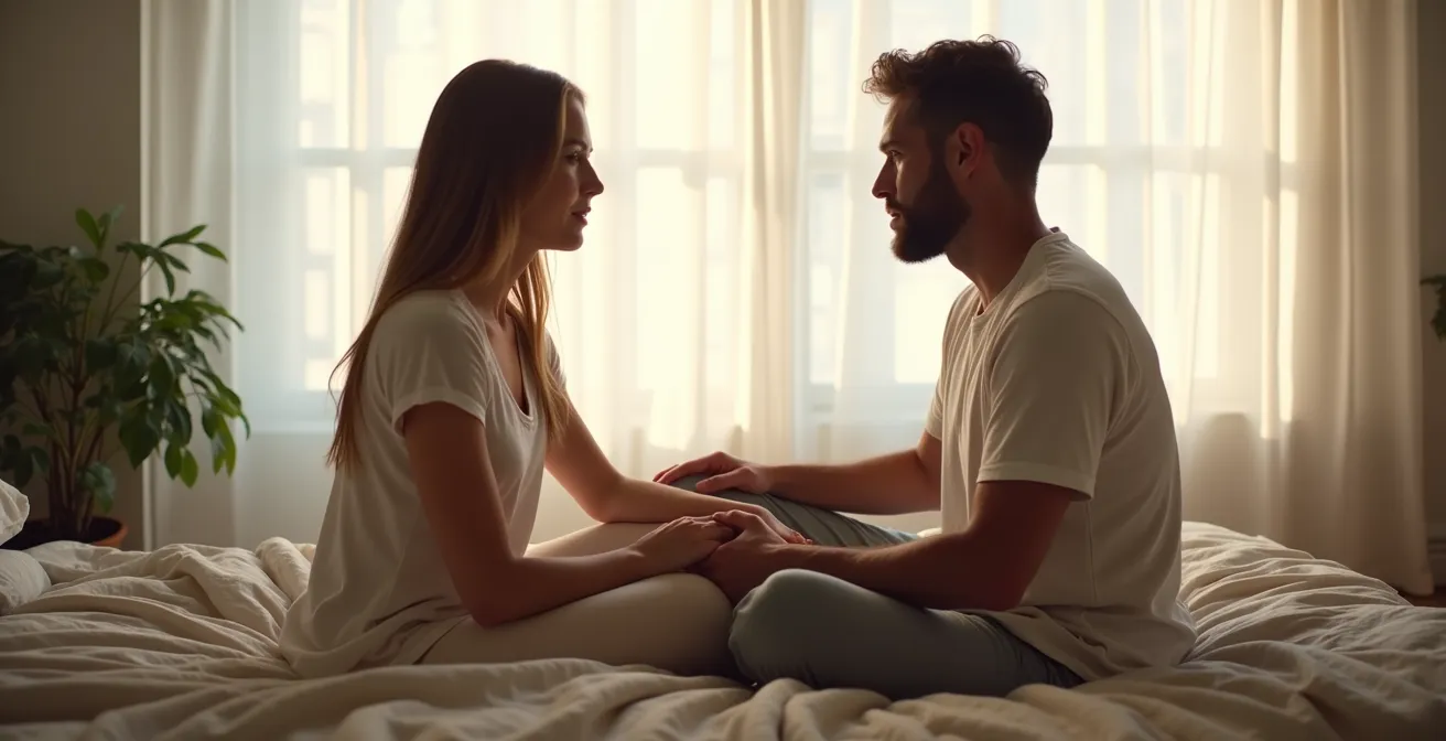 Un couple assis face à face dans une lumière douce, partageant un moment d'intimité et de dialogue