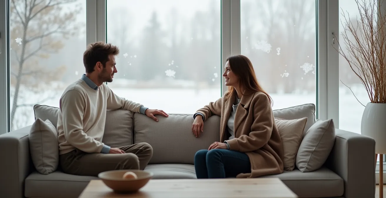 Couple ayant une conversation intime et bienveillante dans un environnement hivernal apaisant
