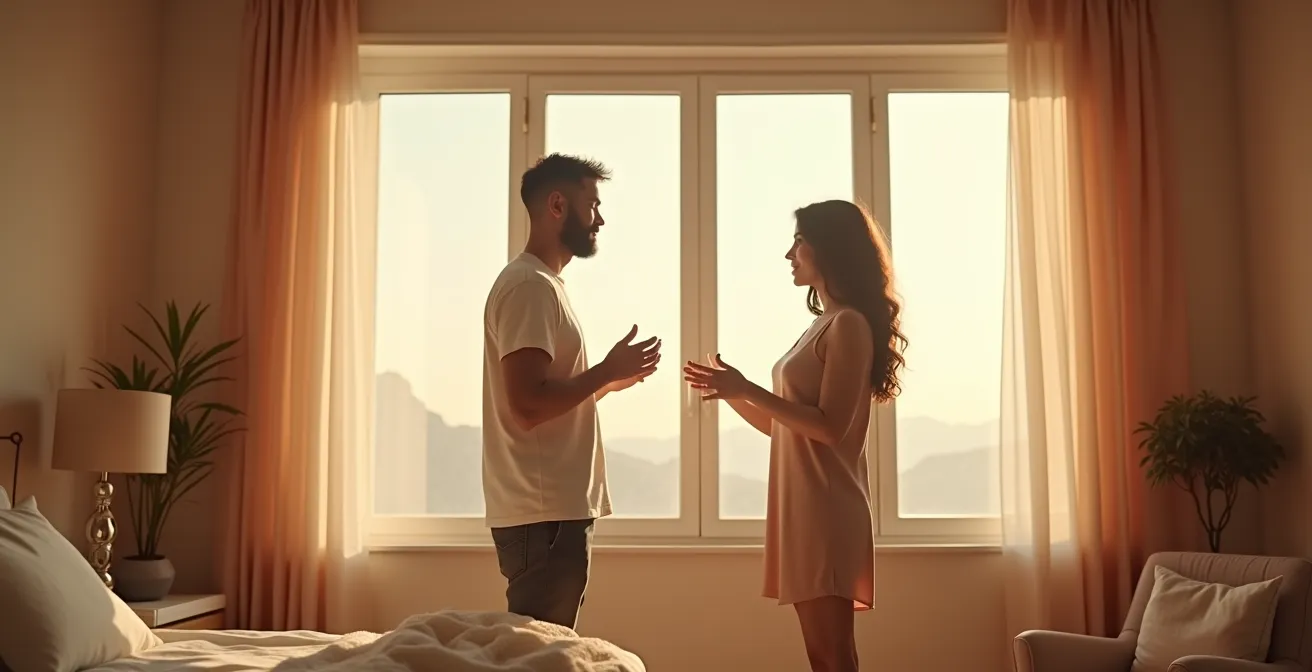 Couple complice partageant un moment de découverte intime dans une ambiance douce