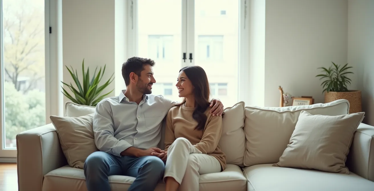 Couple en discussion calme sur un canapé dans un salon lumineux