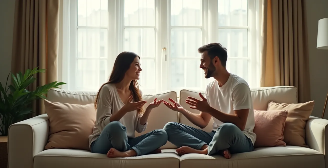 Couple assis face à face sur un canapé, partageant une conversation intime dans une atmosphère chaleureuse et détendue
