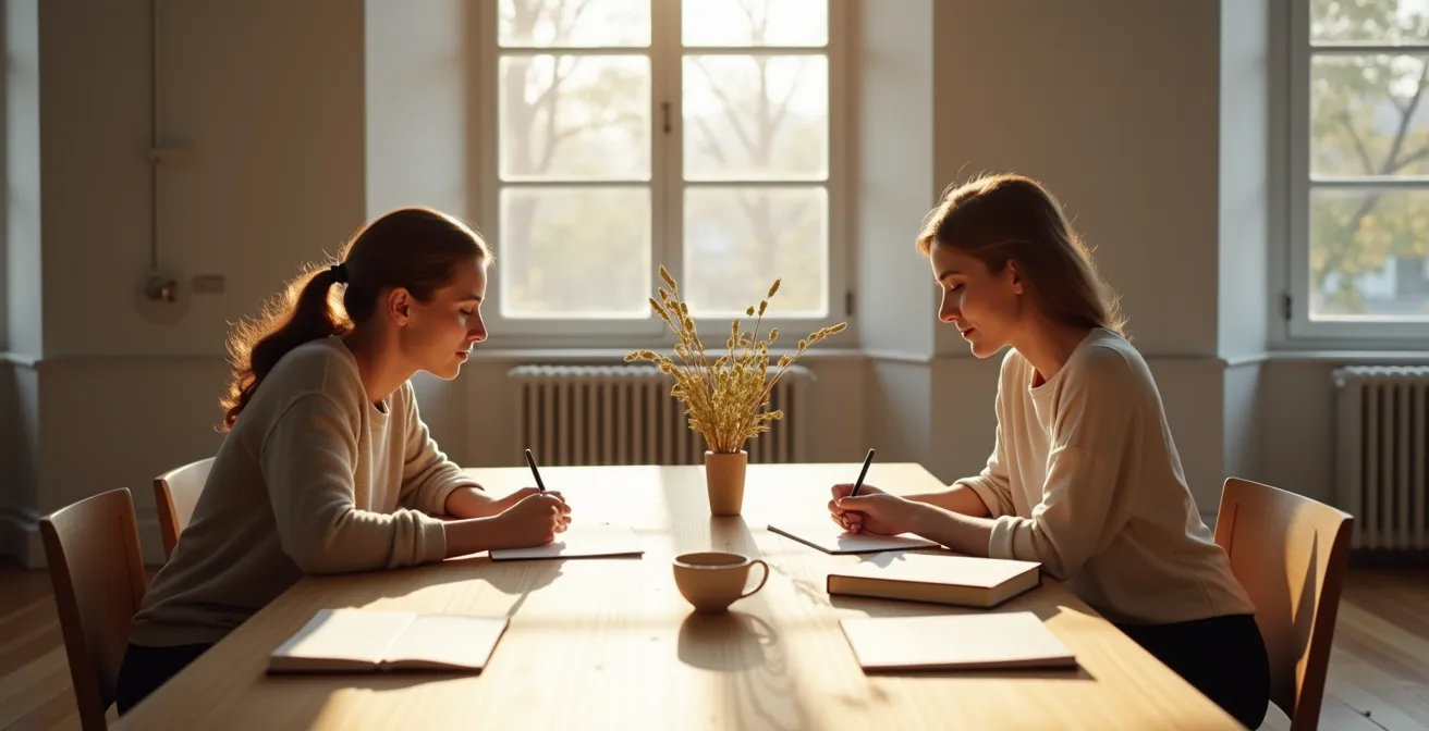 Couple écrivant ensemble dans une atmosphère détendue et complice