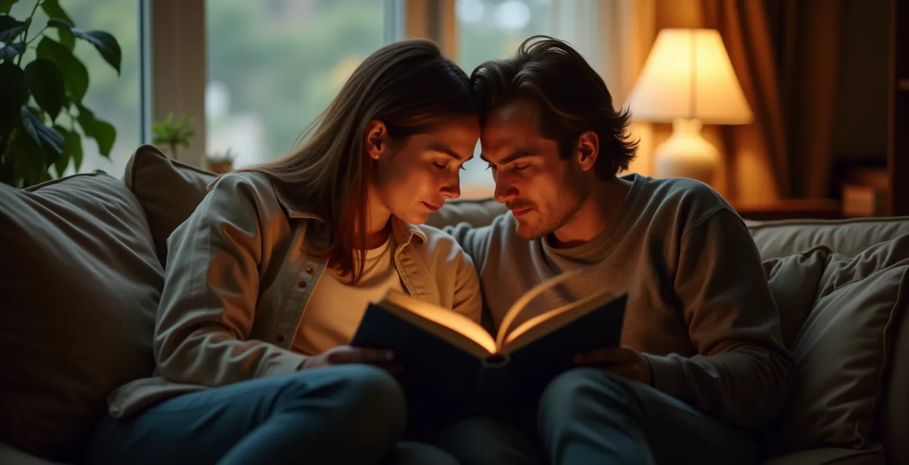 Couple lisant côte à côte dans une lumière douce et intime