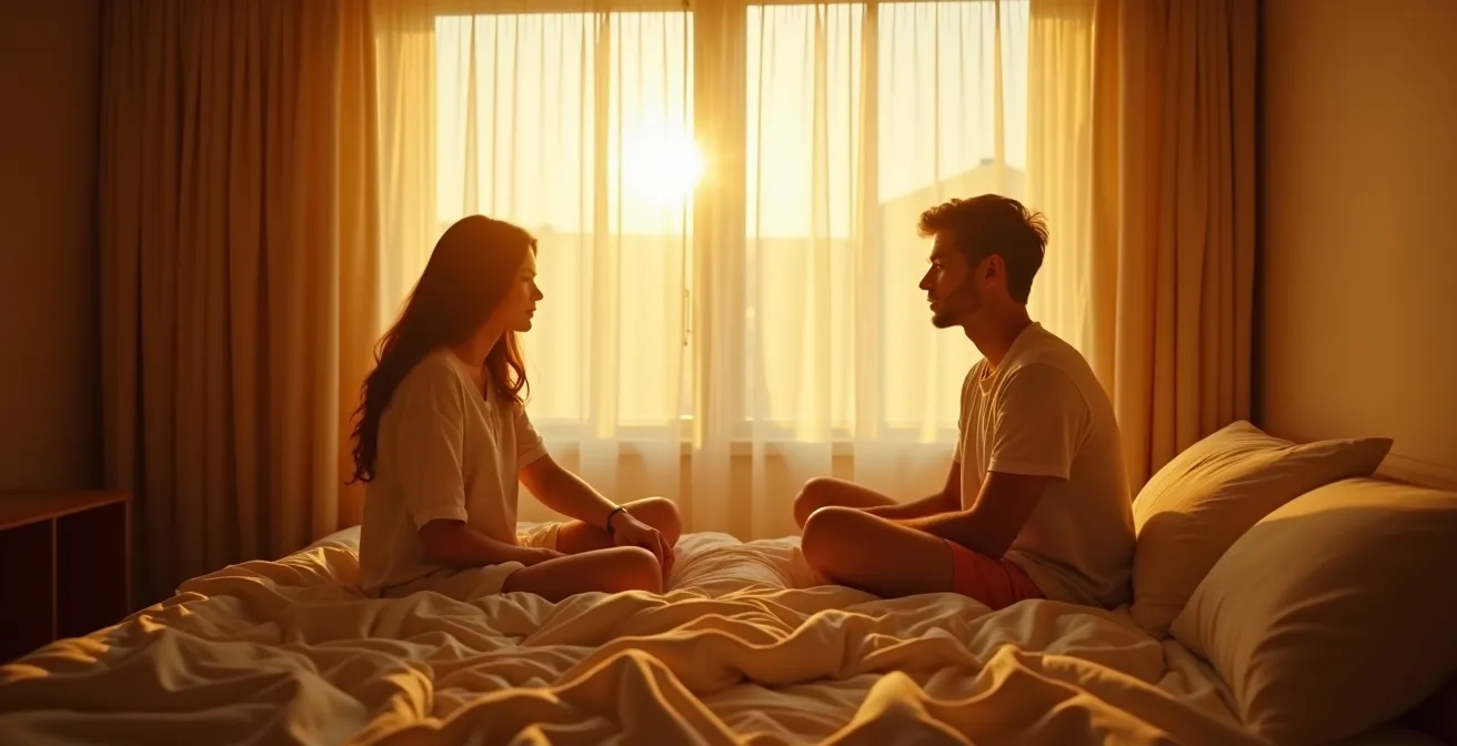 Couple partageant un moment de tendresse dans la lumière dorée du matin