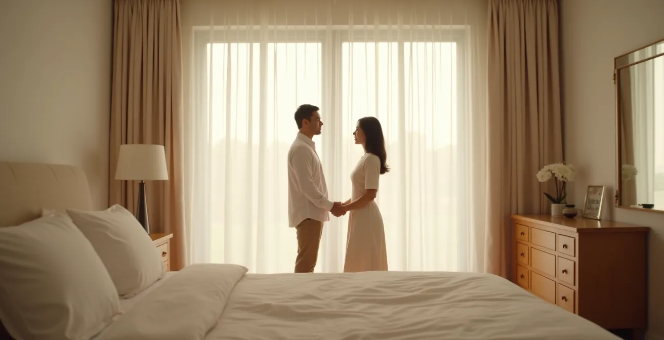 Couple se rapprochant tendrement dans une chambre baignée de lumière douce