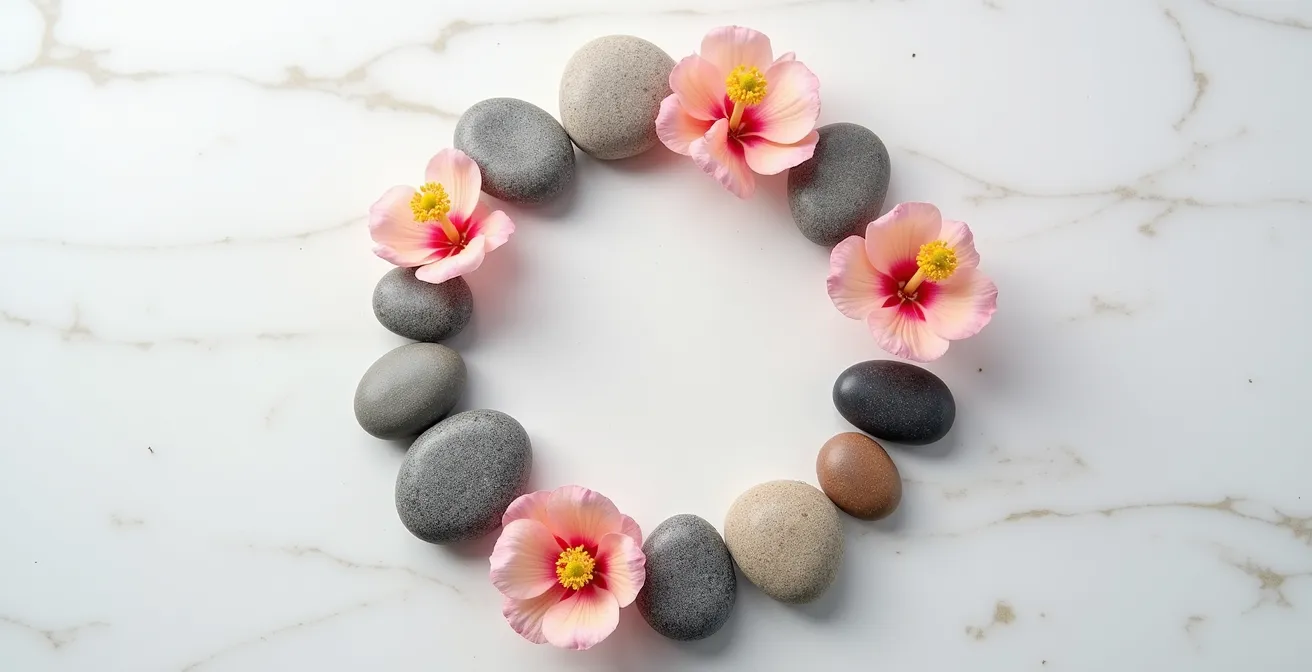 Représentation artistique des variations hormonales féminines à travers des éléments naturels symboliques