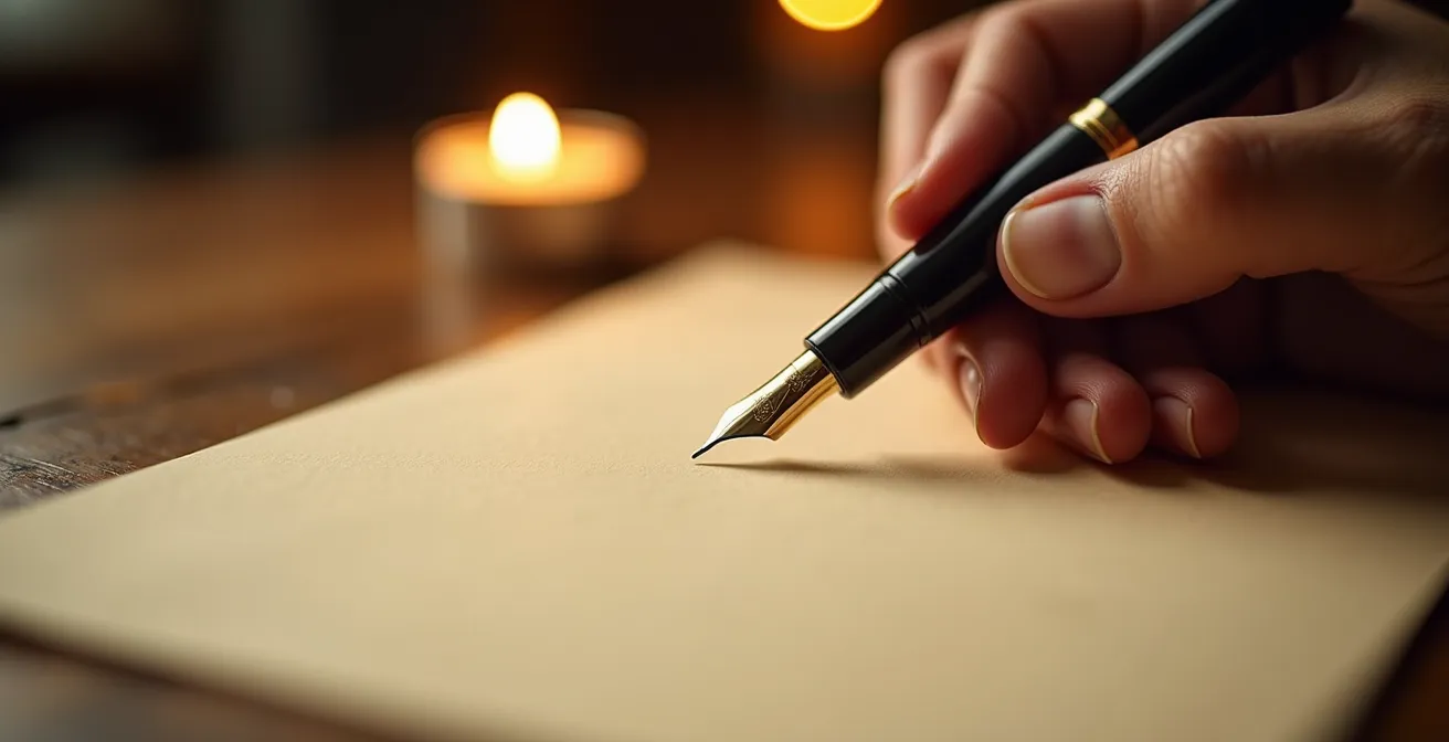 Main tenant un stylo au-dessus d'un carnet vierge dans une lumière tamisée