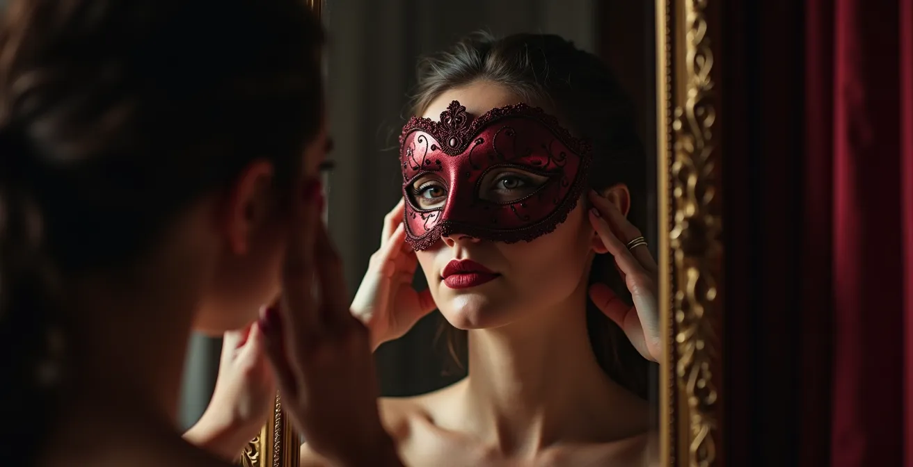 Portrait intimiste d'une femme découvrant son reflet masqué dans un miroir ancien