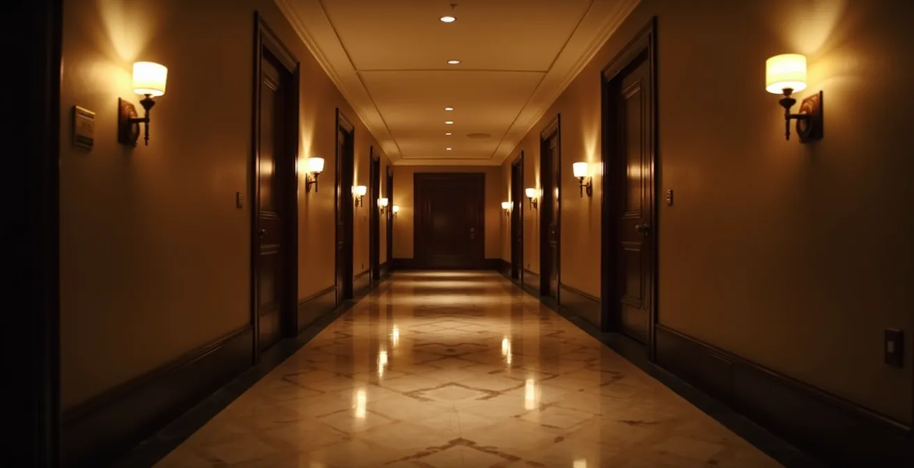 Couloir d'hôtel élégant avec éclairage tamisé créant une atmosphère mystérieuse