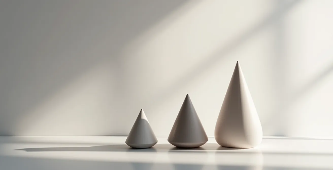 Trois formes coniques de tailles progressives alignées sur surface minimaliste