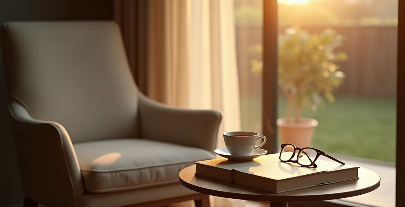 Ambiance minimaliste d'un coin lecture avec lumière tamisée et atmosphère contemplative