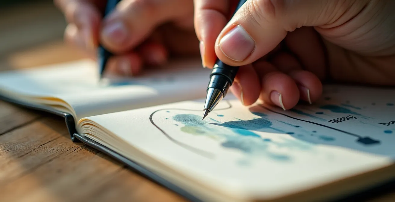 Couple en discussion avec carnet et stylo sur table basse, ambiance intime