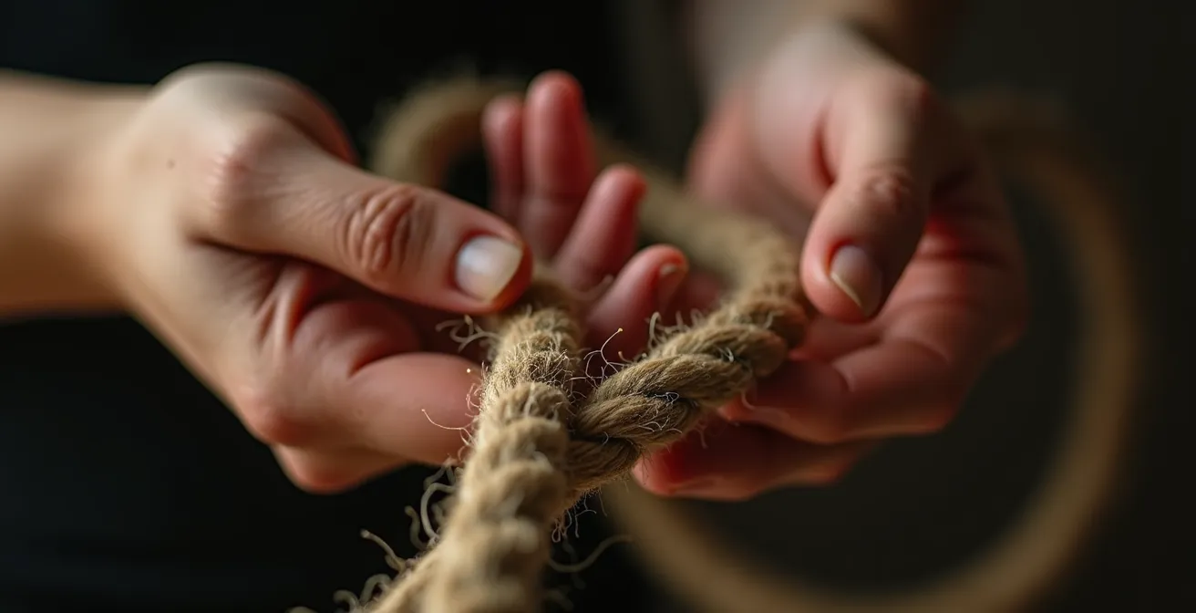 Mains manipulant délicatement une corde de shibari avec précaution et respect
