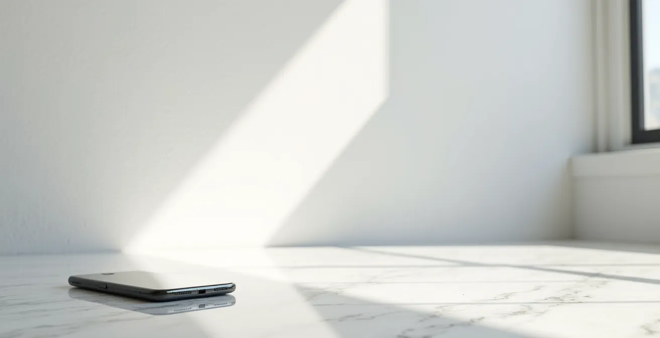 Environnement minimaliste avec smartphone posé sur surface réfléchissante, éclairage doux créant une atmosphère confidentielle