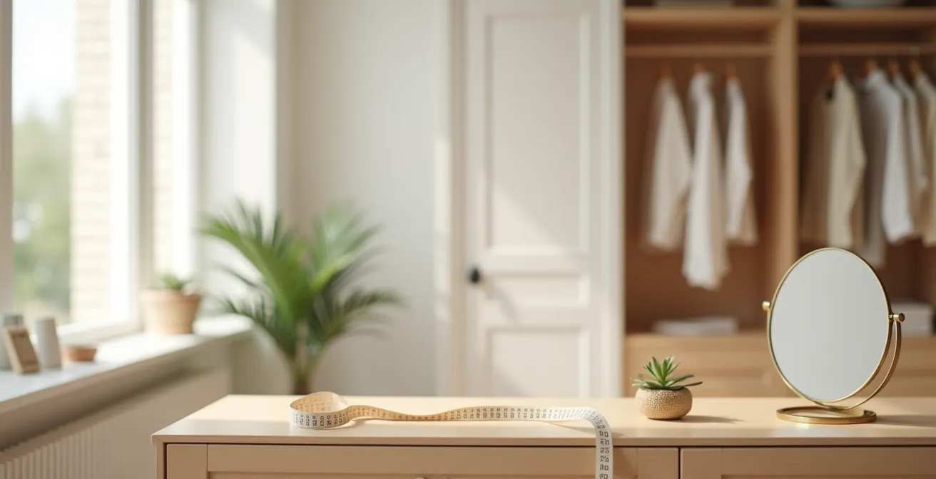 Environnement minimaliste de dressing avec mètre ruban et miroir