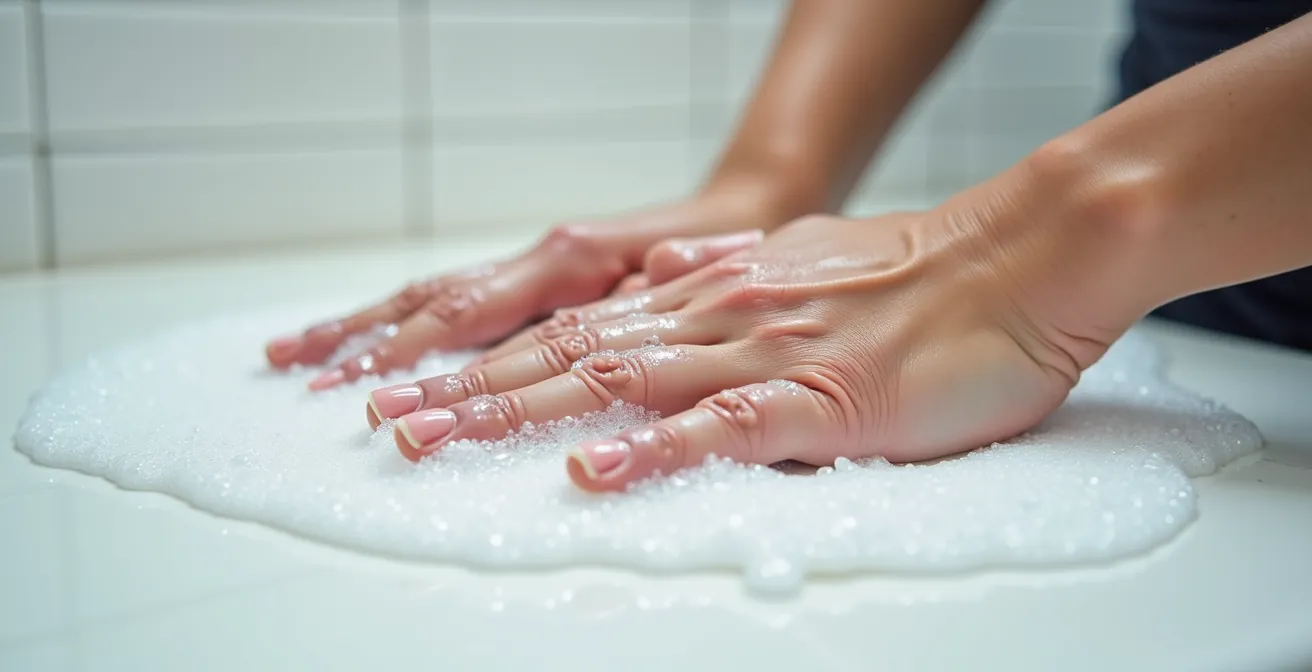 Mains nettoyant délicatement un objet en silicone avec de l'eau savonneuse