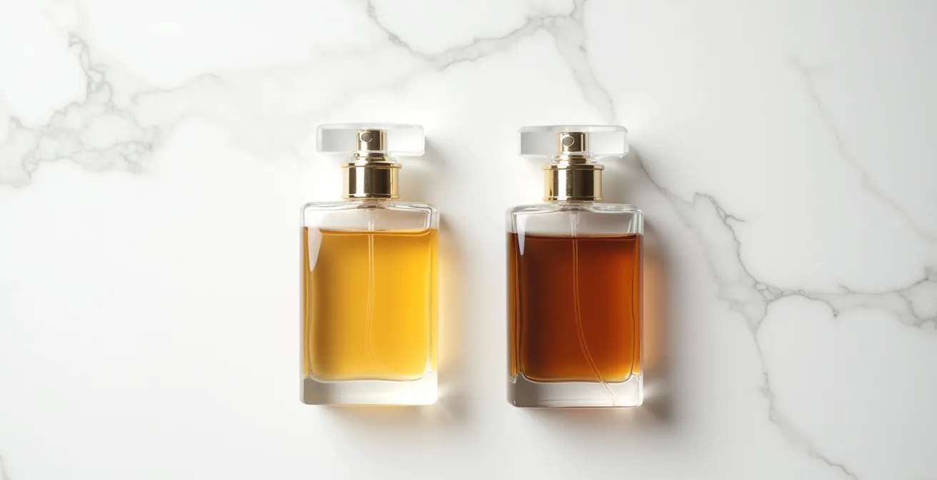 Comparaison visuelle de deux flacons de parfum montrant la différence de couleur entre un parfum frais et oxydé