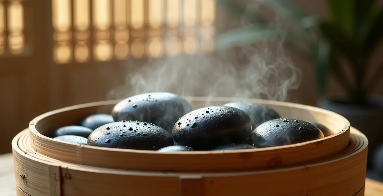 Pierres de basalte noires dans un récipient d'eau chaude avec vapeur montante