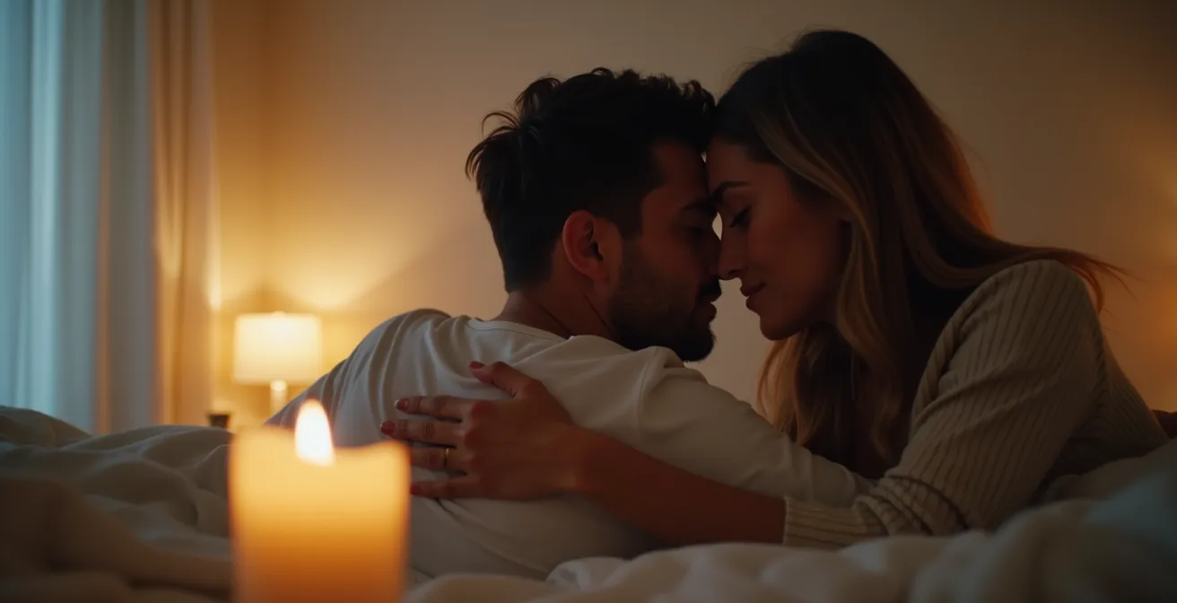 Un couple partage un moment tendre après leur jeu, avec une bougie allumée symbolisant la transition