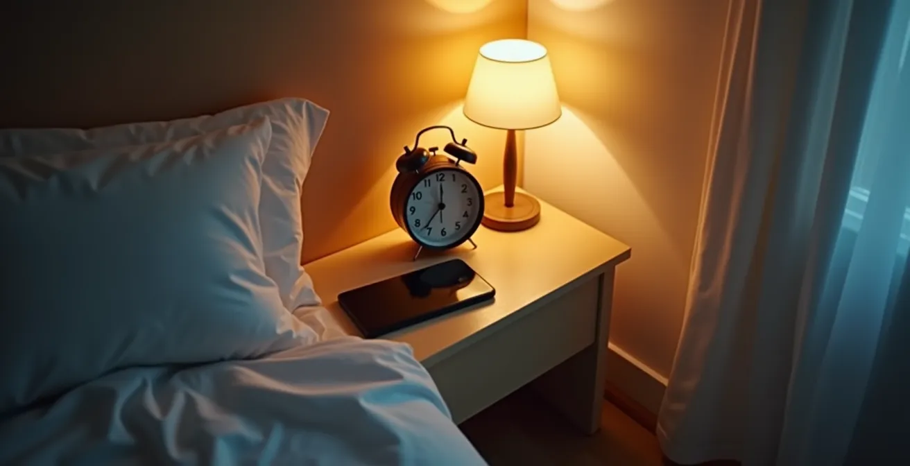 Vue en plongée d'une table de nuit avec réveil analogique et smartphone posé face cachée, lumière tamisée