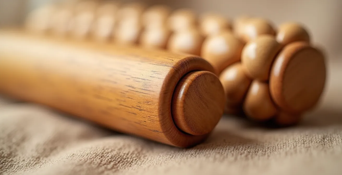 Gros plan sur deux rouleaux de massage, l'un lisse et l'autre à picots, posés sur du lin naturel