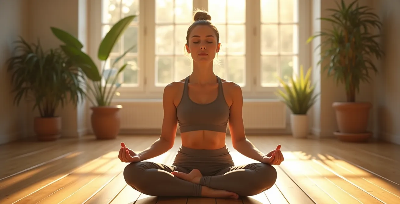 Personne méditant dans une posture de yoga au lever du soleil, symbolisant la connexion corps-esprit