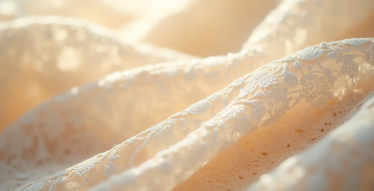 Détail macro de dentelle de Calais sur soie naturelle