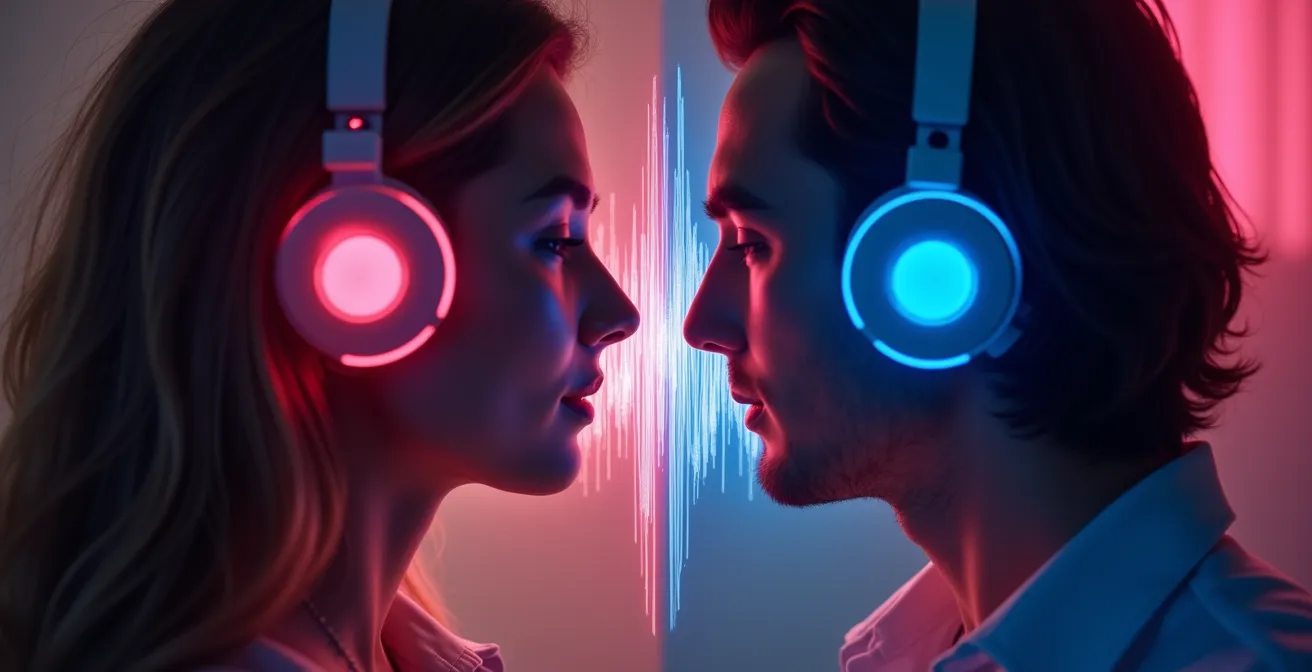 Couple partageant un moment intime synchronisé avec casques audio et métronome visuel