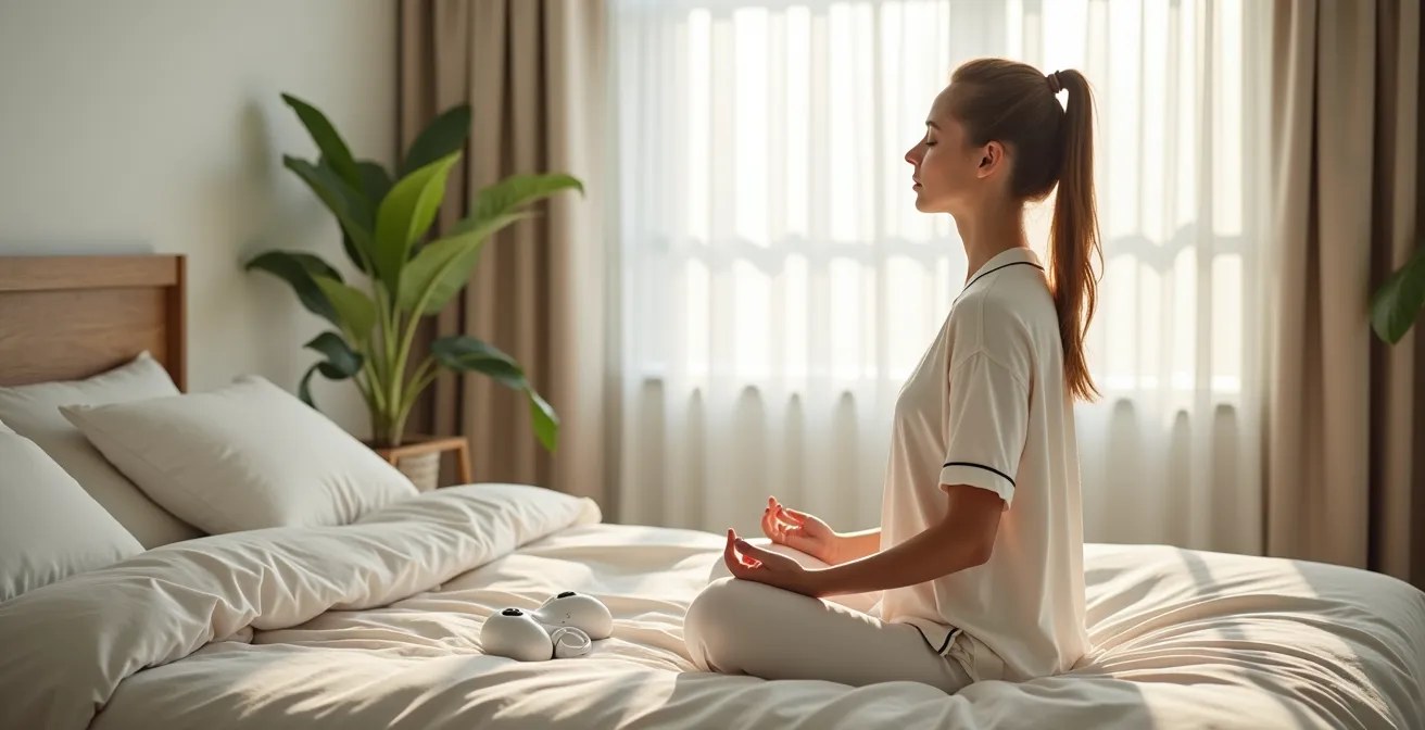 Femme pratiquant la respiration profonde durant une pause de stimulation
