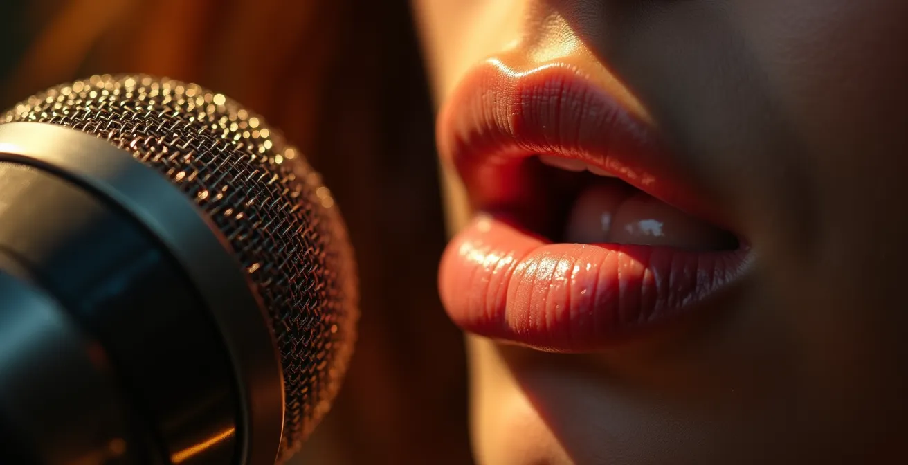 Gros plan sur une bouche près d'un microphone vintage avec un éclairage latéral créant une ambiance intime