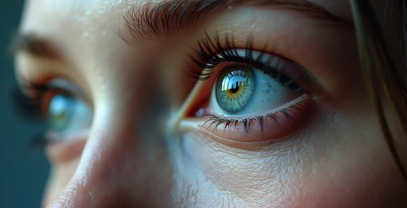 Gros plan sur des yeux et une partie du visage montrant la frontière troublante entre réalisme et artificialité